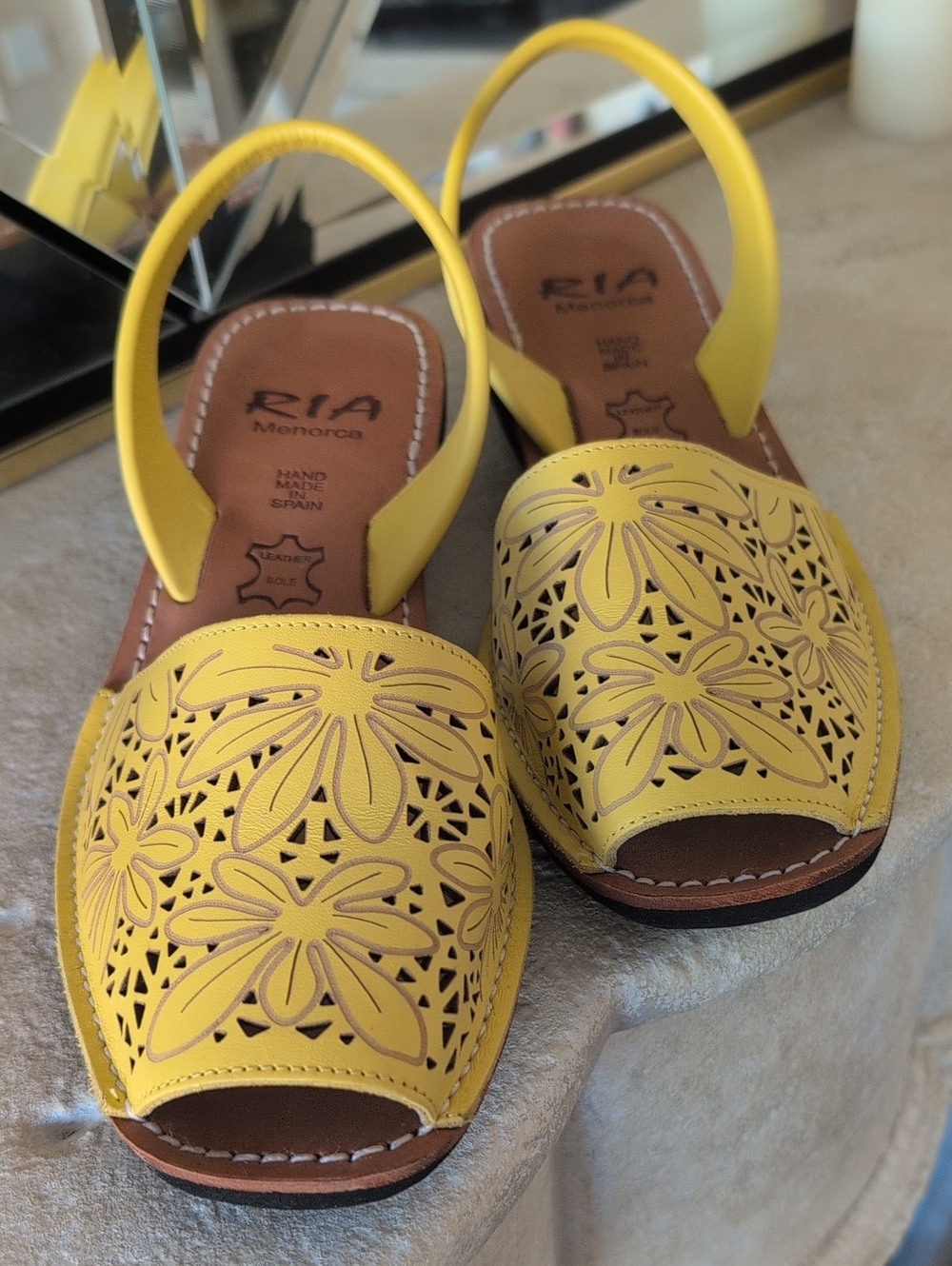 Handmade In Spain Leather Yellow Laser-Cut Slingback Sandals